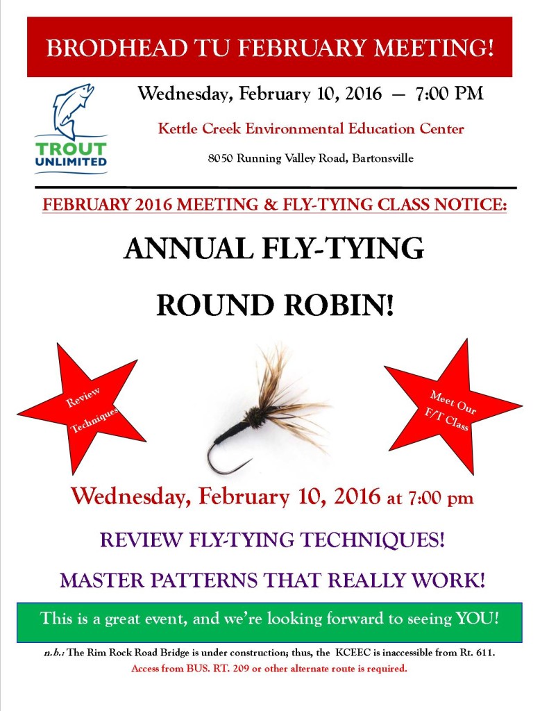 February 2016 Brodhead Chapter of Trout Unlimited Meeting Flyer